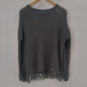 Mur Mur Sweater Size Large Green Crochet Look Long sleeve Sheer Mesh Fringe Hem